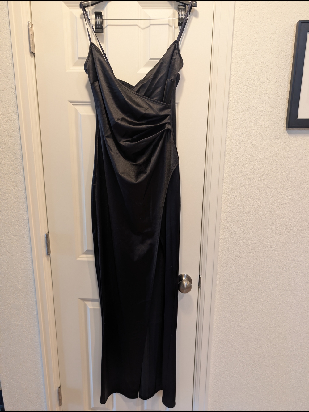 Emerald Sundae Women's Size Large Black Satin Slip Dress with Draped Bodice